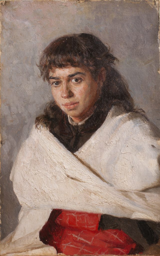 Портрет Поліксени Сергіївни Соловйової (1867-?). 1885 П. на к., о. 38х24. На звороті олівцем: Циганка. 