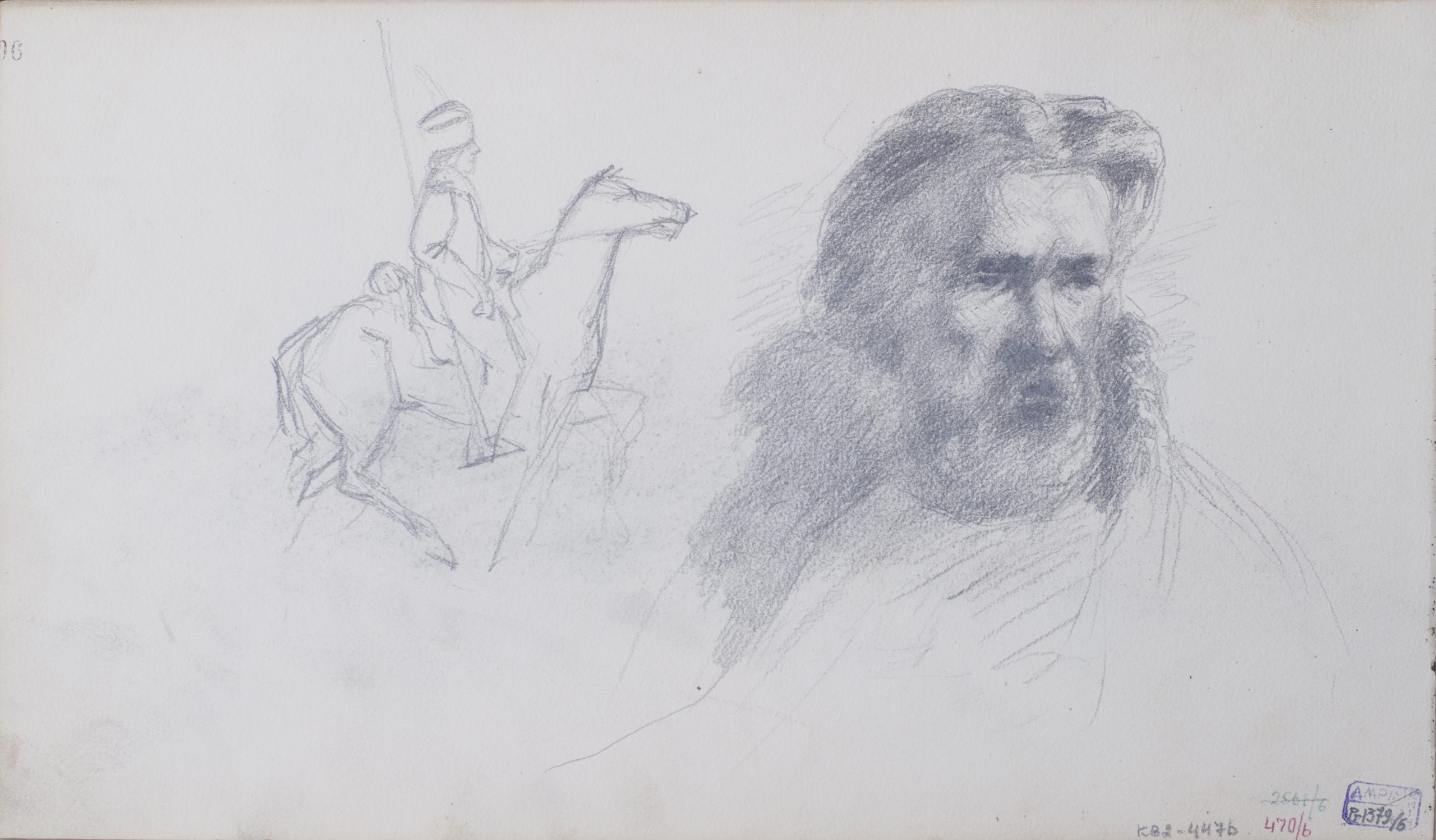 Арк. 6 (на звороті). Начерки вершника та голови чоловіка з довгим волоссям і бородою. 