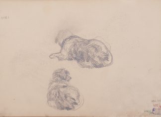Аркуш 9 (на звороті). Начерки собак. Етюд до картини «Забутий храм» 1896 р. Папір, олівець; 20х30