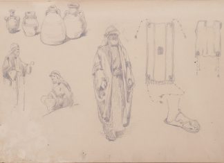 Sheet 11. Figures in Oriental Clothes; Clothing Details; Dishes; a Foot in a Sandal. Sketches for the painting "Judas". Paper, pencil; 20x30