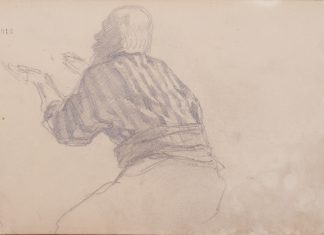 Sheet 17. A Figure of an Old Man in a Striped Shirt. A sketch for the painting "Judas". Paper, pencil; 20x30