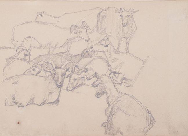 Sheet 5. A sketch of a Sheep Flock. An etude for the painting "Forgotten Temple" 1896. Paper, pencil; 20x30