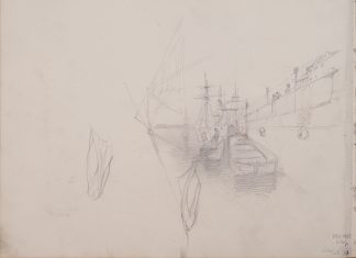 Арк.6 (на звороті). Набережна з баржами (начерк)