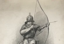 Page 2. Shooter with a bow in helmet and mail. To the left side below: October. Paper, pencil; 19х29,8