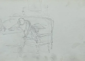 Sheet 10. Sketch of a male figure on a sofa. Paper, pencil; 11.4 × 19.5 cm