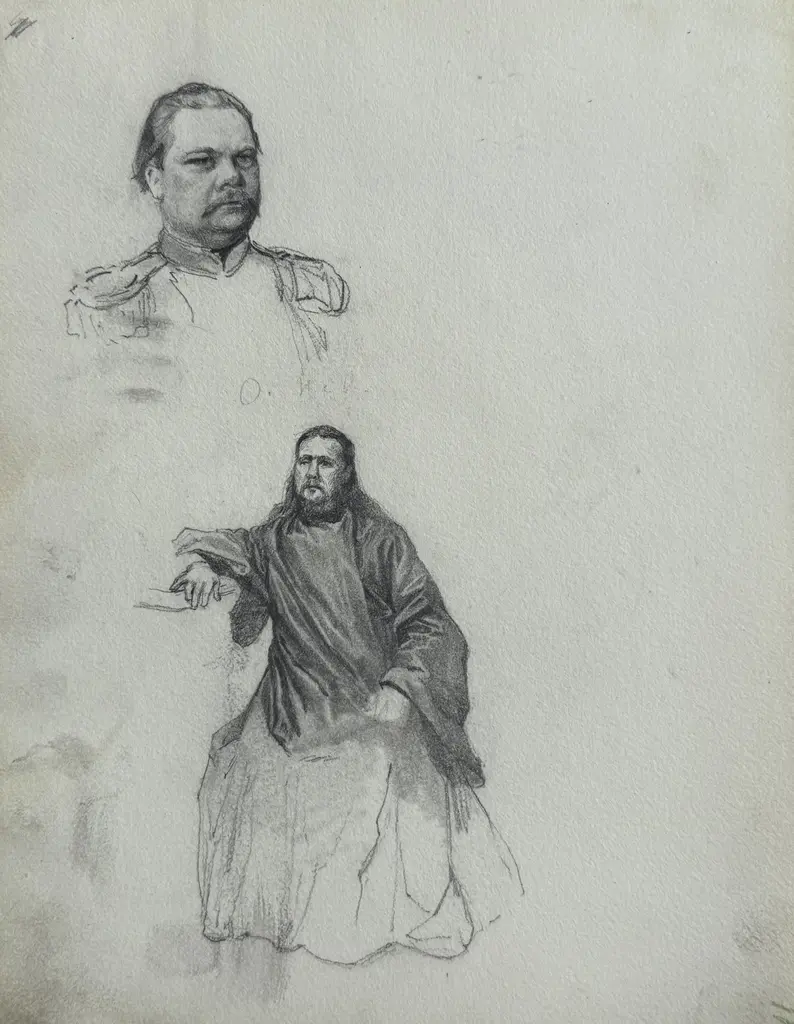 Sheet 11. Figure of a priest; bust portrait of a military man, inscription below the drawing: O. Nev. Paper, pencil; 20 x 26 cm
