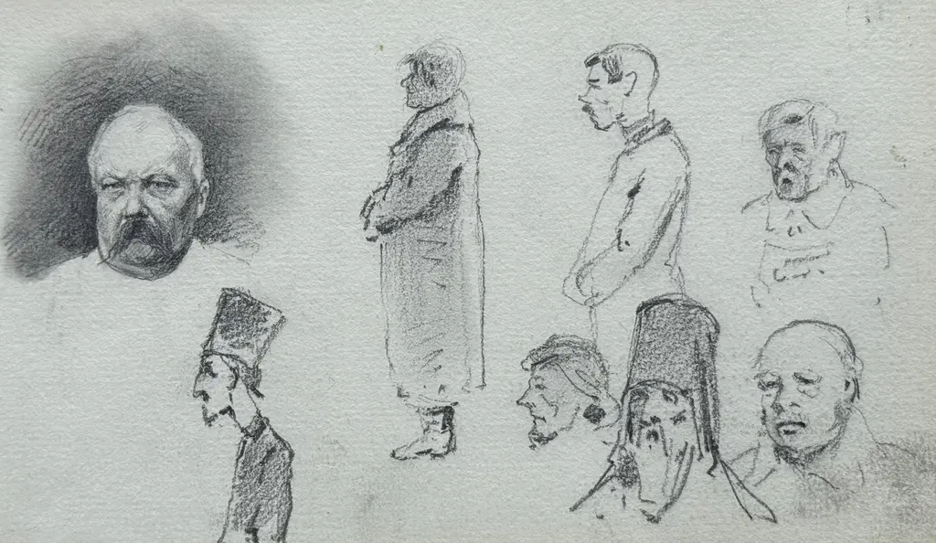 Sheet 12. Sketches of male figures and heads. Paper, pencil; 11.4 × 19.5 cm