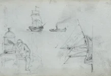 Sheet 13. Sketches of ships and a man in front of a birdcage. Paper, pencil; 11.4 × 19.5 cm