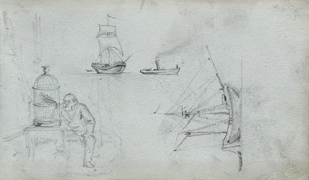 Sheet 13. Sketches of ships and a man in front of a birdcage. Paper, pencil; 11.4 × 19.5 cm