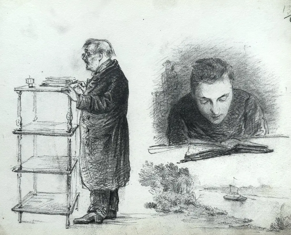 Sheet 13. Man near an étagère; young man with a book; landscape (sketch). Paper, pencil; 20 x 26 cm