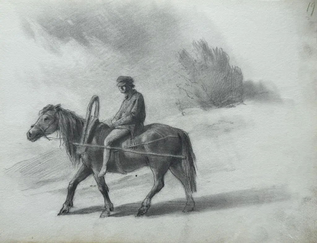 Sheet 18. Horseman against a landscape background. Paper, pencil; 20 x 26 cm