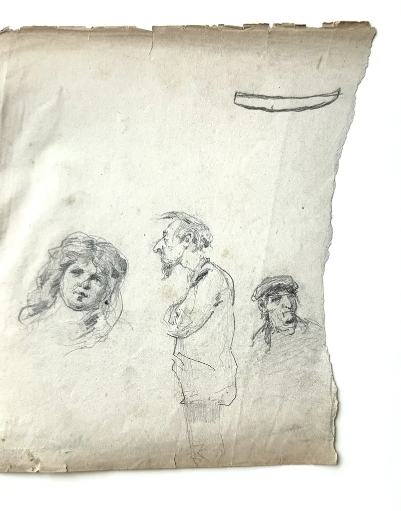 Sheet 1 (torn on the right side). Sketches of male and female heads, figure of a man in profile. Paper, pencil; 20 x 17 cm