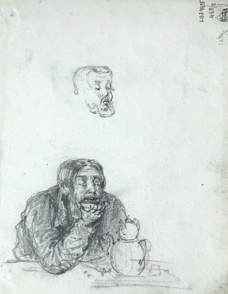 Sheet 2 (reverse side). Half-length depiction of a man drinking tea from a saucer; sketch of a man’s head. Paper, pencil; 20 x 26 cm