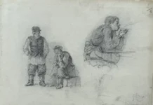 Sheet 2. Figures of men in caps; profile depiction of a young man drinking tea. Paper, pencil; 20 x 26 cm