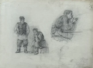 Sheet 2. Figures of men in caps; profile depiction of a young man drinking tea. Paper, pencil; 20 x 26 cm