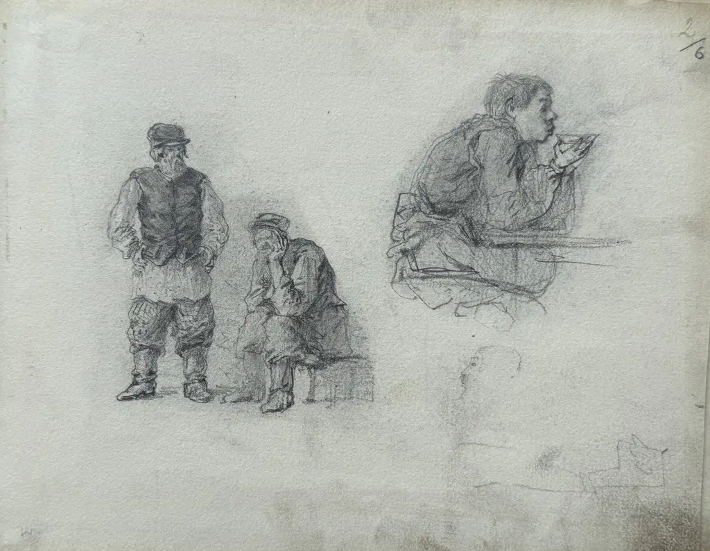 Sheet 2. Figures of men in caps; profile depiction of a young man drinking tea. Paper, pencil; 20 x 26 cm