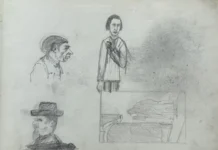 Sheet 3. Sketches of male heads and figures; study for the painting “The Old Serviceman”. Paper, pencil; 20 x 26 cm