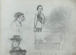 Sheet 3. Sketches of male heads and figures; study for the painting “The Old Serviceman”. Paper, pencil; 20 x 26 cm