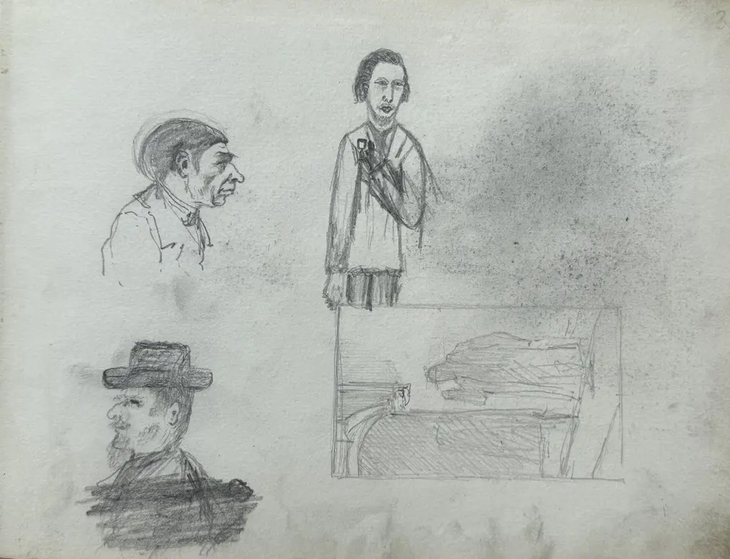 Sheet 3. Sketches of male heads and figures; study for the painting “The Old Serviceman”. Paper, pencil; 20 x 26 cm