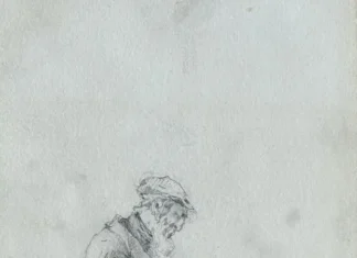 Sheet 4. An old man in a market row. Paper, pencil; 11.4 × 19.5 cm