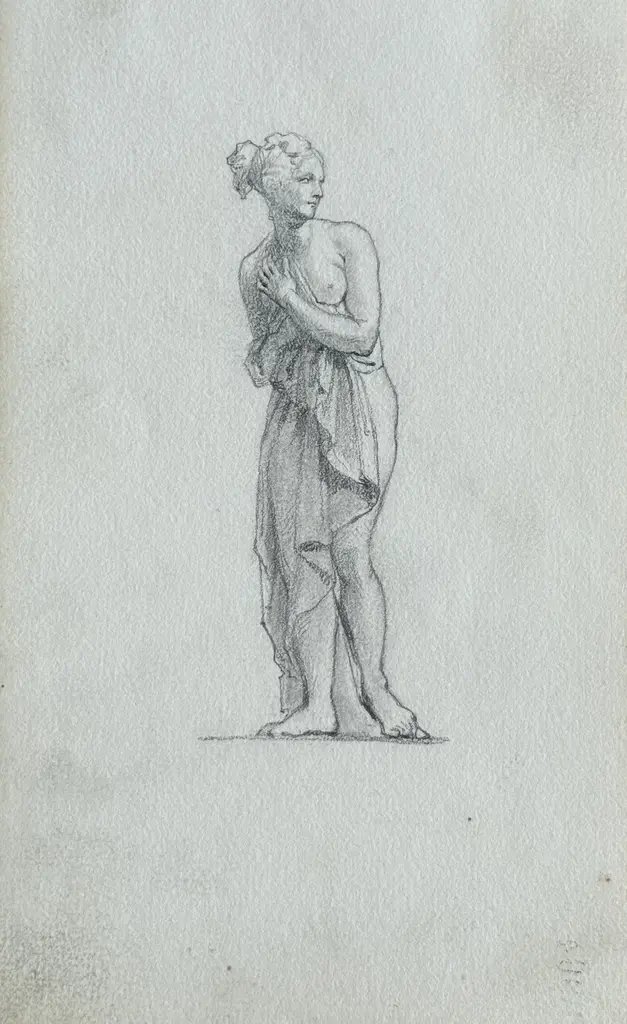Sheet 5. Statue of an ancient Greek goddess. Paper, pencil; 11.4 × 19.5 cm