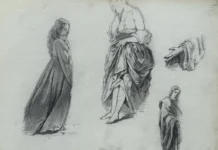 Sheet 5. Female figures in draped clothing; hand under drapery. Paper, pencil; 20 x 26 cm