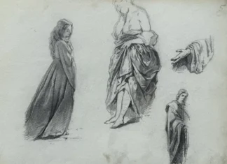 Sheet 5. Female figures in draped clothing; hand under drapery. Paper, pencil; 20 x 26 cm