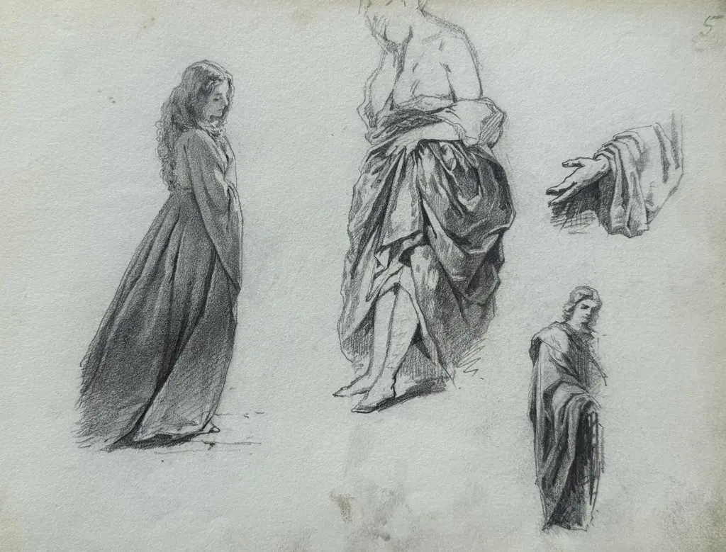 Sheet 5. Female figures in draped clothing; hand under drapery. Paper, pencil; 20 x 26 cm