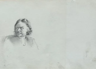 Sheet 6. Head of Peter I (drawing after the painting by M.M. Ge “Peter I and Tsarevich Alexei”). Paper, pencil; 11.4 × 19.5 cm