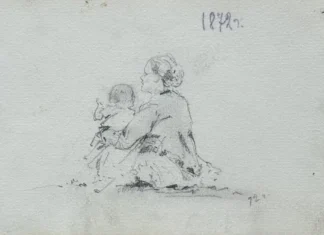 Sheet 7. Figure of a woman with a child. Bottom right: 72, top in pencil: 1872. Paper, pencil; 11.4 × 19.5 cm