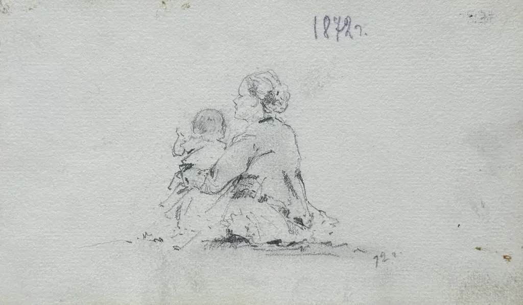 Sheet 7. Figure of a woman with a child. Bottom right: 72, top in pencil: 1872. Paper, pencil; 11.4 × 19.5 cm