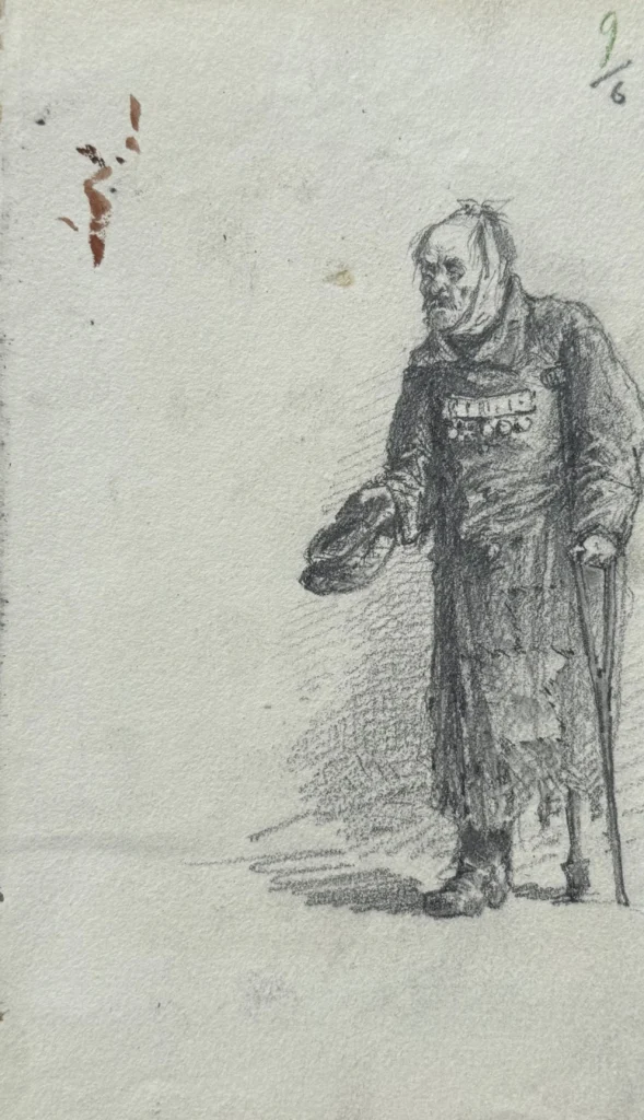 Sheet 9 (cut off on the right side). Beggar (disabled soldier). Paper, pencil; 20 x 11.5 cm