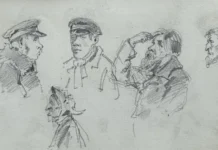 Sheet 14. Sketches of male and female figures, man’s head. Paper, pencil; 11.4 × 19.5 cm