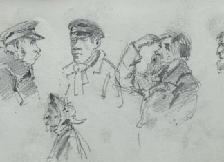 Sheet 14. Sketches of male and female figures, man’s head. Paper, pencil; 11.4 × 19.5 cm