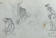 Sheet 14 (reverse). Sketches of three male figures. Paper, pencil; 11.4 × 19.5 cm