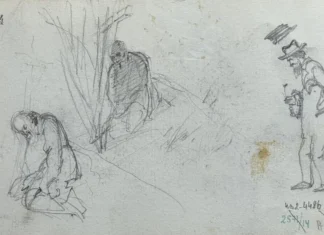 Sheet 14 (reverse). Sketches of three male figures. Paper, pencil; 11.4 × 19.5 cm