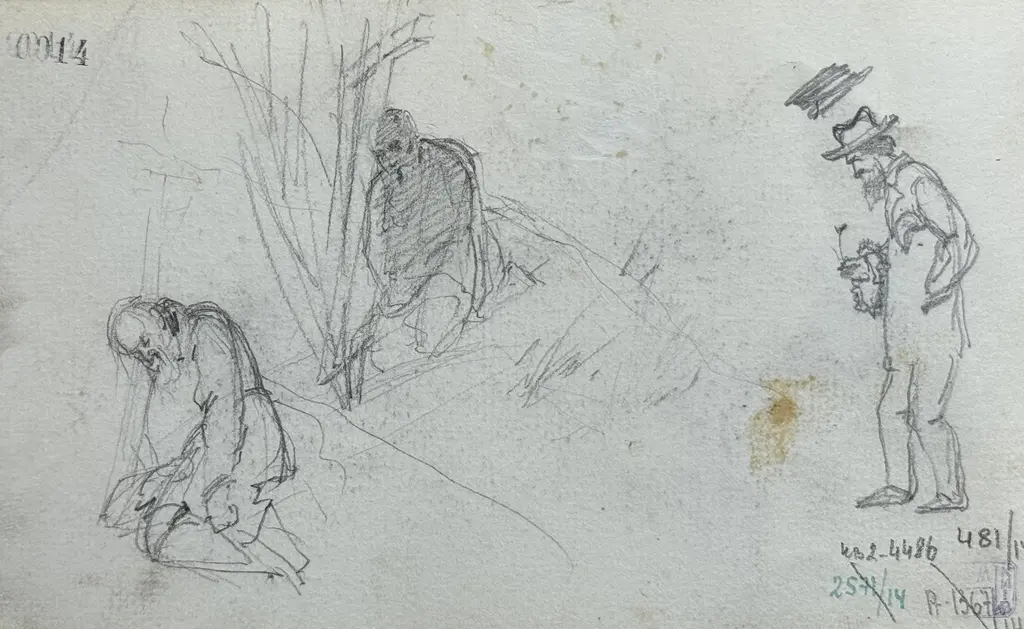 Sheet 14 (reverse). Sketches of three male figures. Paper, pencil; 11.4 × 19.5 cm
