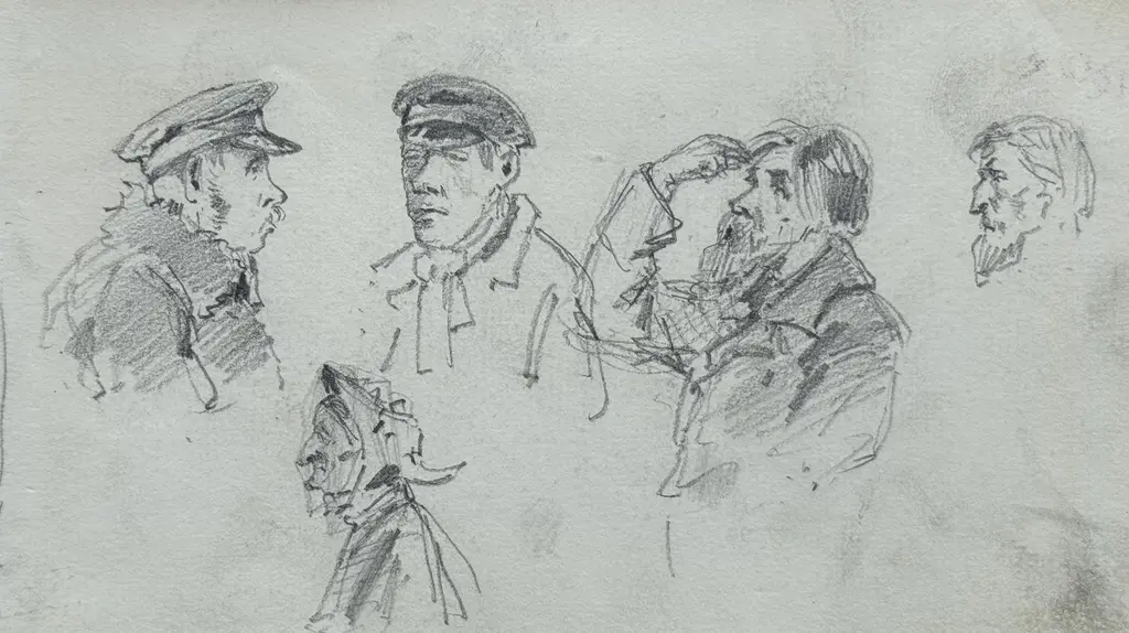 Sheet 14. Sketches of male and female figures, man’s head. Paper, pencil; 11.4 × 19.5 cm