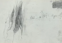 Sheet 17. Tree trunk, landscape (sketches). Paper, pencil; 11.4 × 19.5 cm