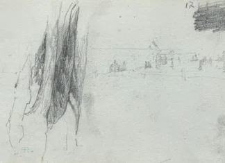 Sheet 17. Tree trunk, landscape (sketches). Paper, pencil; 11.4 × 19.5 cm