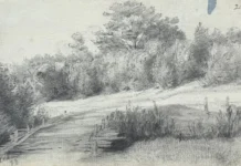 Sheet 19. Landscape with a small bridge. Bottom left: Neva 73. Paper, pencil; 11.4 × 19.5 cm