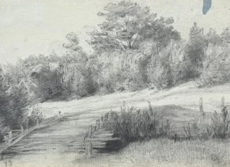 Sheet 19. Landscape with a small bridge. Bottom left: Neva 73. Paper, pencil; 11.4 × 19.5 cm