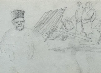 Sheet 20. Figure of a man, genre scene (sketches). Paper, pencil; 11.4 × 19.5 cm