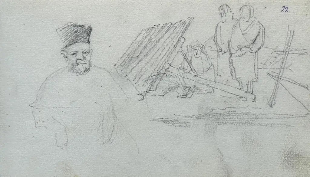 Sheet 20. Figure of a man, genre scene (sketches). Paper, pencil; 11.4 × 19.5 cm