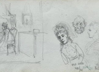 Sheet 21 (reverse). Composition sketch; female figure, male heads (sketches). Paper, pencil; 11.4 × 19.5 cm