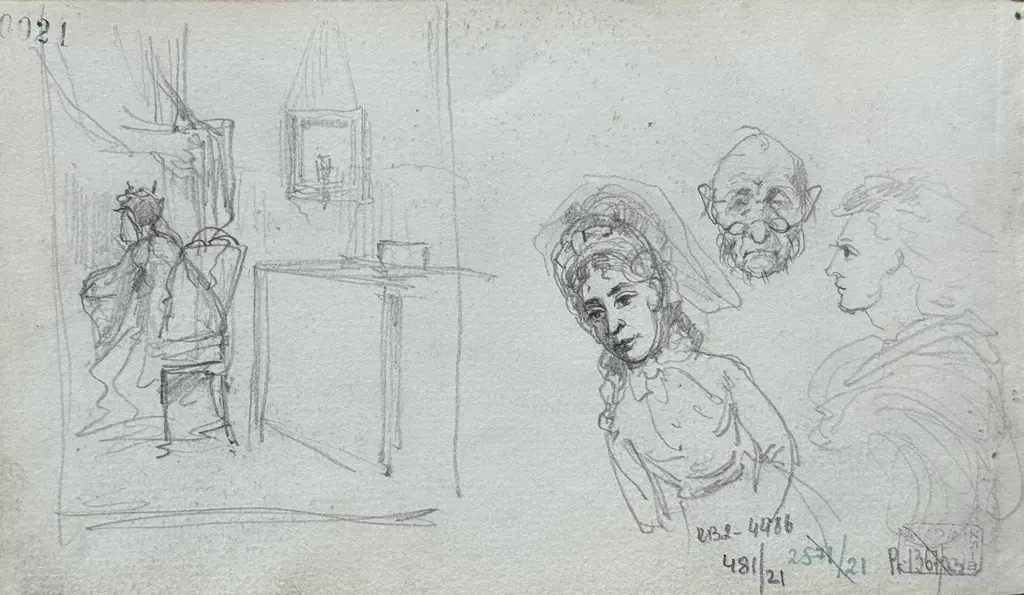 Sheet 21 (reverse). Composition sketch; female figure, male heads (sketches). Paper, pencil; 11.4 × 19.5 cm