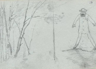 Sheet 22. Group of trees; male figure. Paper, pencil; 11.4 × 19.5 cm