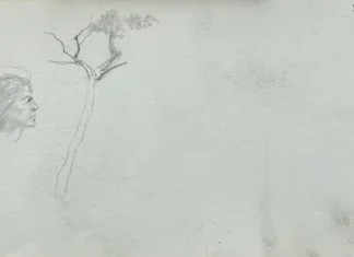 Sheet 23. Woman’s head, tree (sketches). Paper, pencil; 11.4 × 19.5 cm