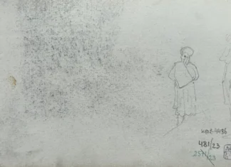 Sheet 23 (reverse). Sketches of two figures. Paper, pencil; 11.4 × 19.5 cm