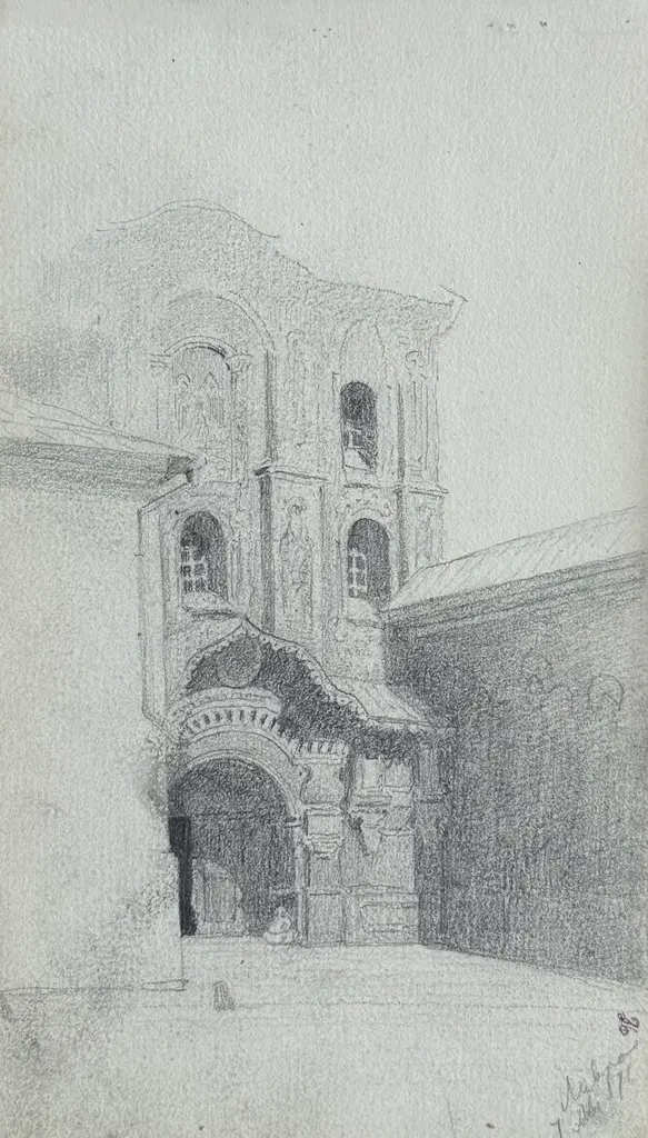 Sheet 24. Trinity Gate Church of the Kyiv-Pechersk Lavra. Bottom right: Lavra 7 Aug. 76. Paper, pencil; 11.4 × 19.5 cm